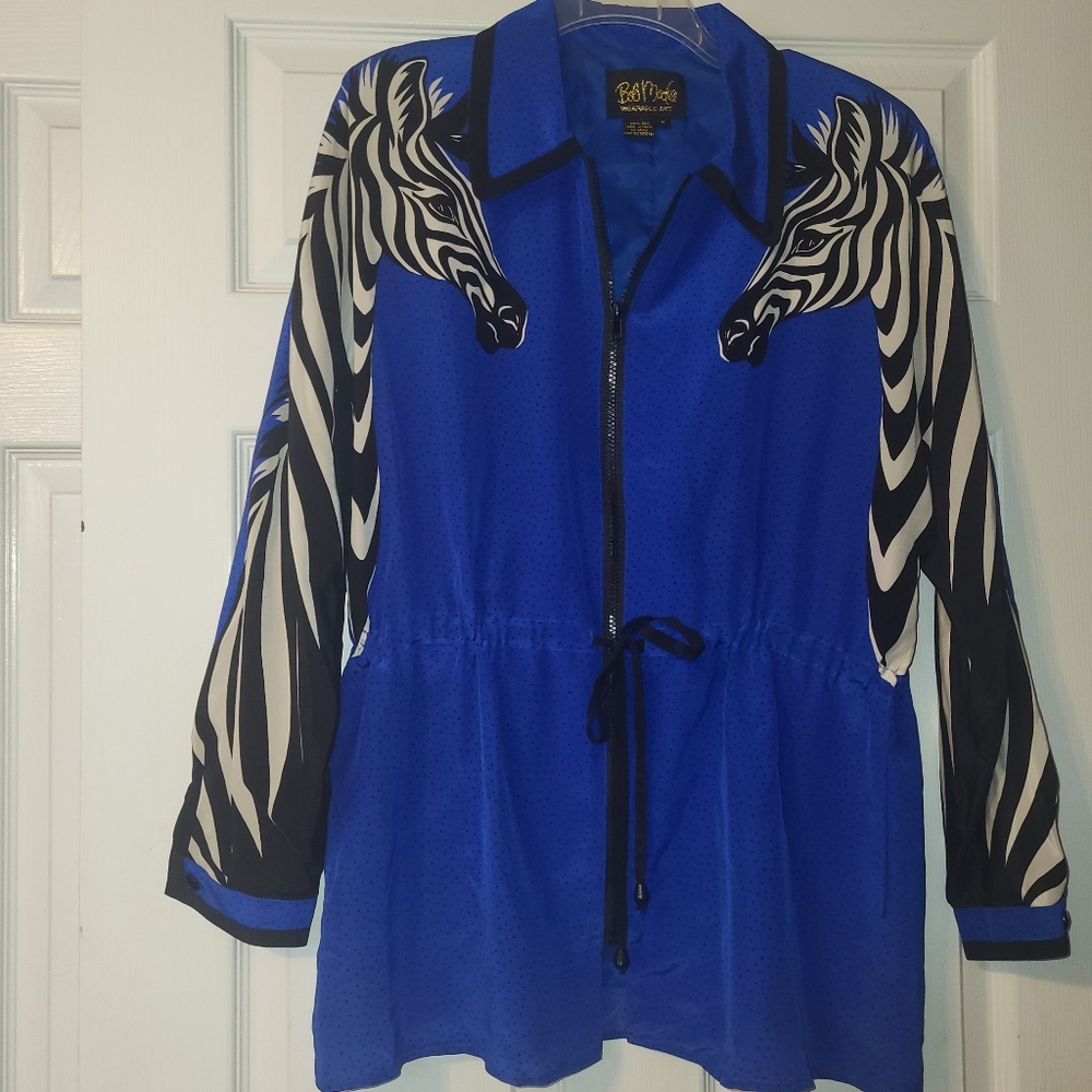 Bob Mackie Royal Blue and Black Zebra-Print Zip Jacket